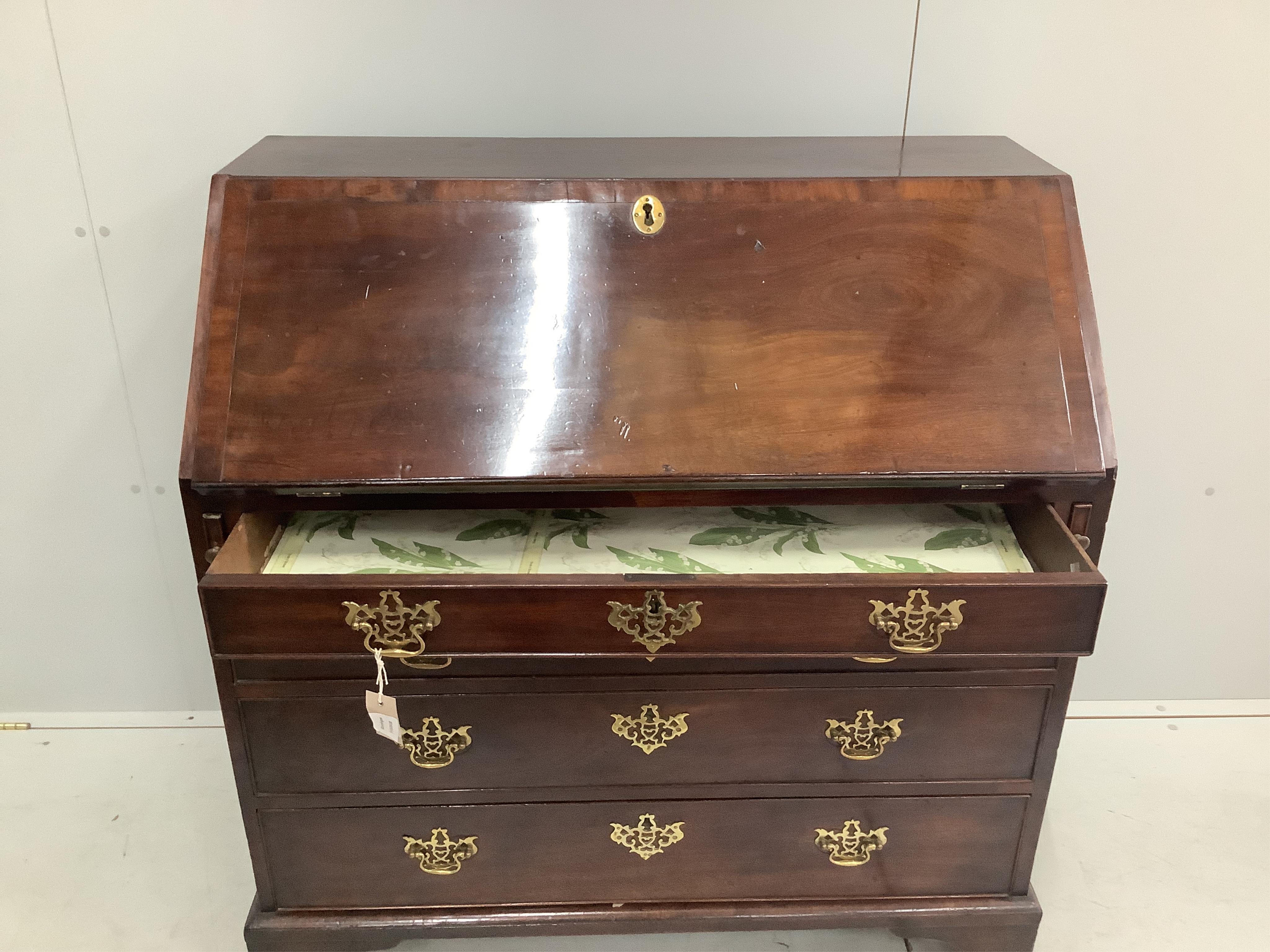 A George III mahogany bureau, width 102cm, depth 54cm, height 108cm. Condition - fair